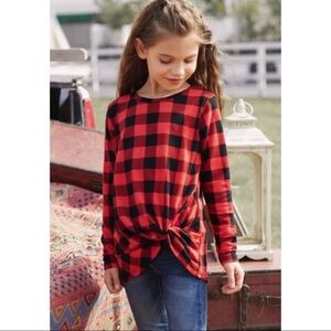 Girls Red Buffalo Plaid Knotted Top